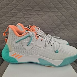 Mens White and Teal Adidas Harden Stepback 3 Athletic Shoes